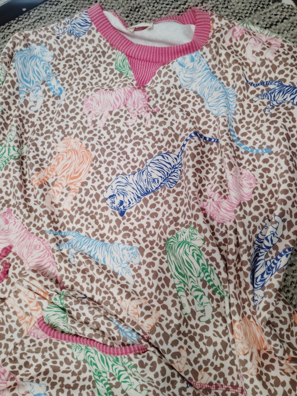Colorful Tiger Print Pullover with Pink Trim
